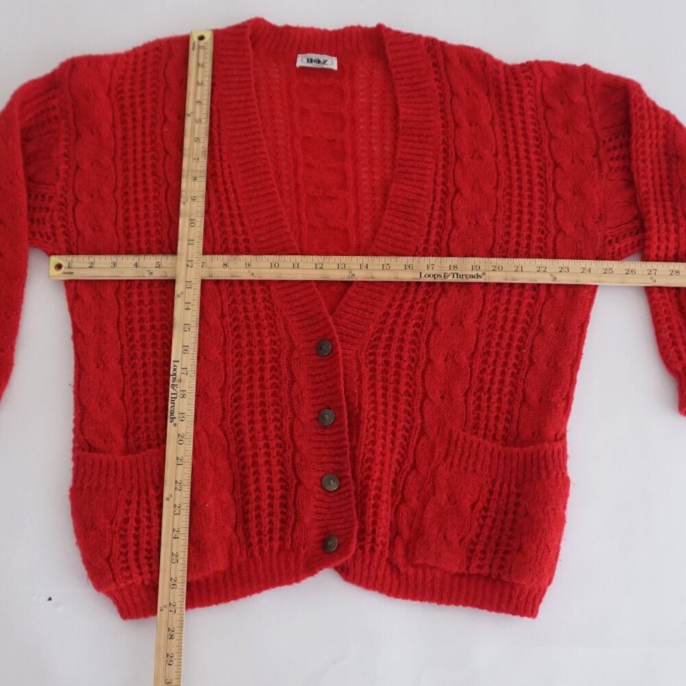Red Cable Knit Button-Front Cardigan Sweater - Picture 4 of 10